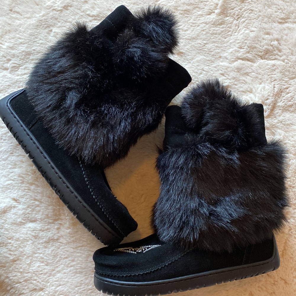 Faux Fur Black Boot, Size 6, beautiful beaded embellishments
